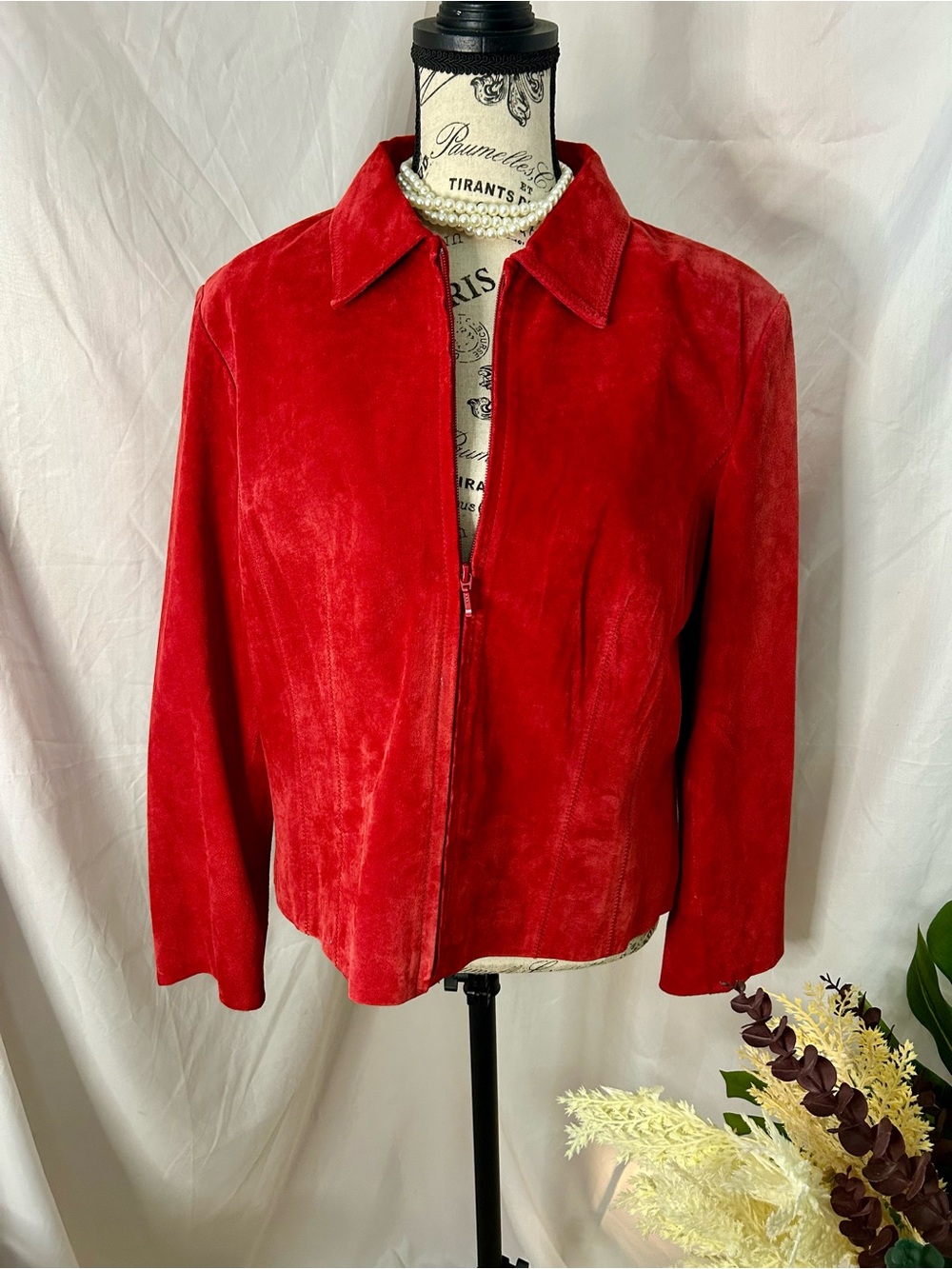 Vintage Cottagecore Quietluxury Women’s Red Suede Zip-Front Leather Jacket